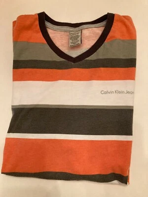 Camiseta Calvin Klein Jeans Niños Cuello en V Talla L Naranja, Gris y Blanco Rayas Foto 1 de 2