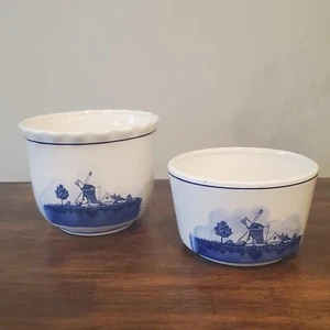 VTG 2 White Blue Holland Windmill & Ship Planter Pots or Bowls Made In Taiwan - Picture 1 of 12