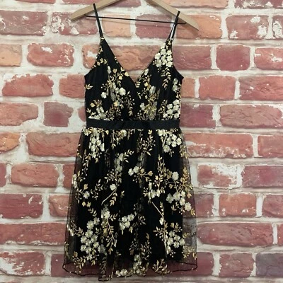 Vestido Express Mujer Talla 6 Negro Dorado Blanco Floral Bordado Malla Cremallera Foto 1 de 4