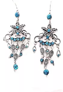 Chic Bohemia Antique Silver Metal Teal Blue Crystal Star Tassel Dangle Earrings - Picture 1 of 2