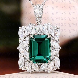 6.14ct Emerald Cut Natural Emerald Gemstones Diamond Pendant Real 14K White Gold - Picture 1 of 16