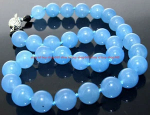 Beautiful 10MM Blue Chalcedony Round Gemstone Beads Necklace 18" AAA - Picture 1 of 12