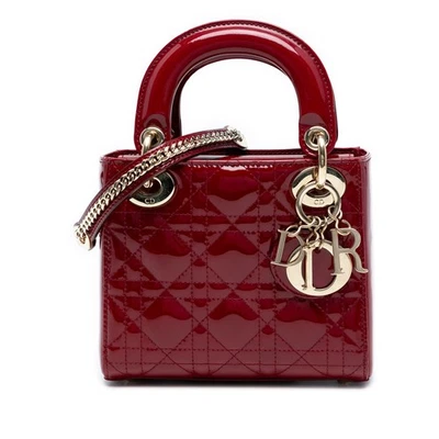Authenticated Dior Mini Patent Cannage Lady Dior Red Dark Leather Satchel - Image 1 of 4