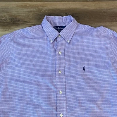 复古 Ralph Lauren 雅茅斯纽扣衬衫男式 15.5-33 格子格子紫色 — 第 1/4 张图片