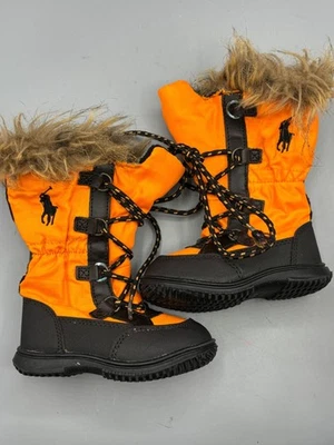 Ralph Lauren Polo Naranja Negro Imitación Piel Borde Botas de Invierno Niño Pequeño Talla 4 Foto 1 de 4