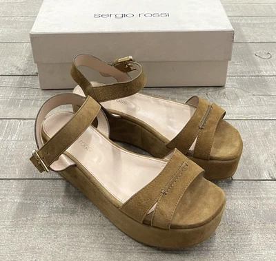 NIB Sergio Rossi Suede Platform Sandal In Tan Size:36.5 (US 6.5) - Image 1 of 4