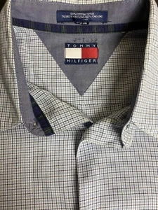 Tommy Hilfiger Men 16 Short Sleeve Button Down Dress Shirt Plaid Blue Crest G9 - Picture 1 of 6