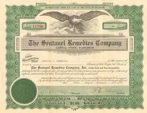 The Sentanel Remedies Company 1917 certificado de existencias - Imagen 1 de 1