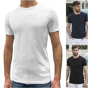 T-shirt Uomo a Manica Corta Elasticizzata Maglietta Cotone Slim Fit Nera Bianca - Picture 1 of 10