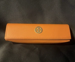 Tory Burch Orange Saffiano Leather Gold Logo Eye Glasses Case - Picture 1 of 8