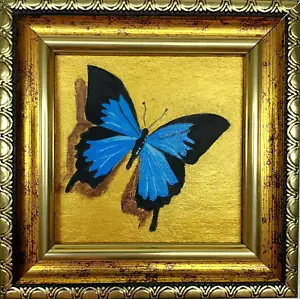Pintura de mariposa arte original enmarcado en oro mariposa azul pequeña obra de arte - Imagen 1 de 10