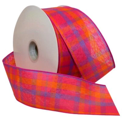 Cinta a cuadros 7380 color chic 2,5" x 50 yardas magenta/mandarina Foto 1 de 4
