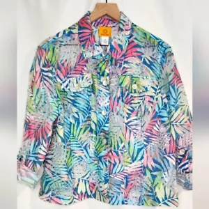 Pastel Tropical Leaf Jacket Women's Size 16 Sheer Cutouts Resortwear Cruise - Picture 1 of 8
