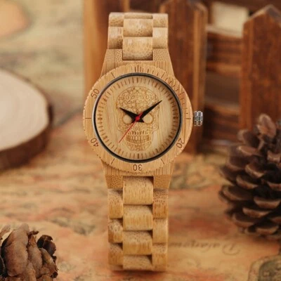 Reloj creativo para mujer con calavera cabeza esqueleto esfera movimiento cuarzo correa de madera Foto 1 de 4