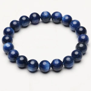9.3mm Natural Blue Kyanite Cat Eye Crystal Round Beads Stretch Bracelet BKBB019 - Foto 1 di 4