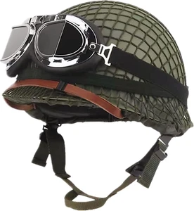 Outdoor Green WW2 US M1 Helmet with Goggles, Steel Field Net Cover Cat Eye Belt - Picture 1 of 12