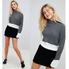 Womens Ladies High Neck Knitted Long Sleeve Jumper in Contrast Knit Top UK 8-16