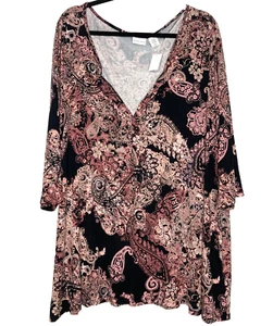 TABITHA WEBB Top Women 3X Black Pink Paisley Print Blouse V-Neck 3/4 Sleeve Plus - Picture 1 of 5