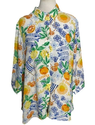 Blusa Camisa Rosa + Oliva Abotonada St Tropez Soleil Playa 2X Cruise Resort Nueva con Etiquetas Foto 1 de 4