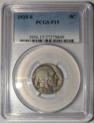 1925-S American Buffalo Nickel 5c PCGS F15 Fine 15 27279849 - Image 1 of 4