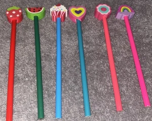 Unsharpened Vintage '90's Pencils/Colorful Unused Pencil Top Erasers~Set of 6 - Picture 1 of 2