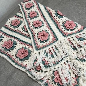 Handmade Crochet 3D Flower Afghan Blanket 68”x 40” Pink Green White Fringe Throw - Picture 1 of 10