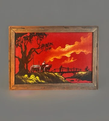 Arte Vintage Pintura Terciopelo Negro Rojo Cielo Luz de Luna Marco de Madera MCM 1960’s Foto 1 de 4