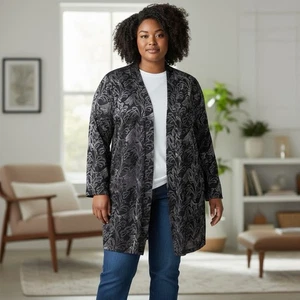 Susan Graver Printed Burnout Velvet Open Front Cardigan Silver Black Plus 1X - Picture 1 of 7