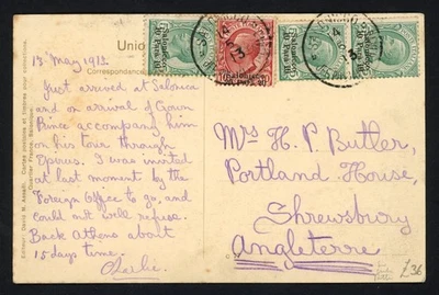 1913 Italy Salonica Greece Postcard GB 50p Salonica Re Crown Prince GB Foreign O - Image 1 of 3