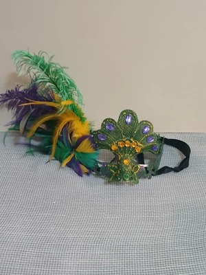 Mardi Gras/Masquerade Mask-Green, Purple, Rhinestones, Feathers - Image 1 of 4