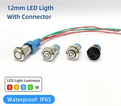 12mm Metal Push Button Switch 4 Pin Waterproof IP65 LED Momentary/Latching Flat - Image 1 of 4
