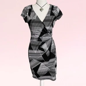 vintage y2k black white geometric boho whimsy goth party ruched wrap dress M - Picture 1 of 13