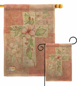 Pink Flower Cross Burlap Garden Flag Religious Faith Decorative Gift Yard Banner - Picture 1 of 19