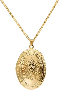 Vintage Engraved Flower Oval Heart Locket Picture Pendant Necklace - Picture 1 of 12
