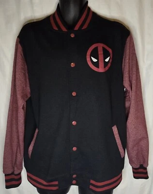 MARVEL COMICS Mens Large Black Red DEADPOOL Front Snap Varsity Sweatshirt Jacket Foto 1 de 4