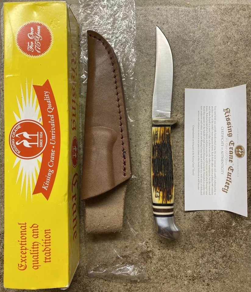 Cuchillo de hoja fija Kissing Crane hueso ámbar Full Tang KC5477 funda de cuero Foto 1 de 4