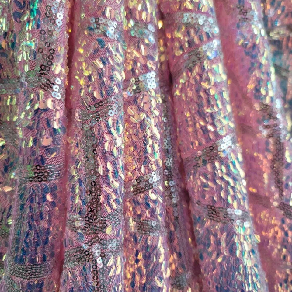 Fabric Sold By The Yard Pink Iridescent Sequin Embroidery On Stretch Mesh Dress  - Image 1 of 4