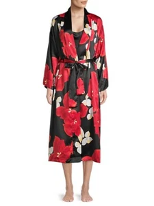 Natori Floral Print Silky Robe Black + Red Size M L XL ($180) NWT Great Gift - Picture 1 of 2