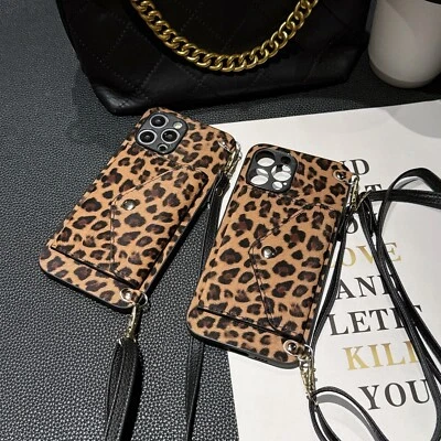 For Samsung iPhone Crossbody Leopard Print Card Wallet Case Phone Cover Stand - Image 1 of 4