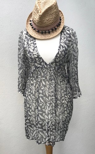 OFF WHITE JULIANA CASSANDRO 100% Seta Mini Abito Cover Up Top Grigio Fuori Bianco 8 10