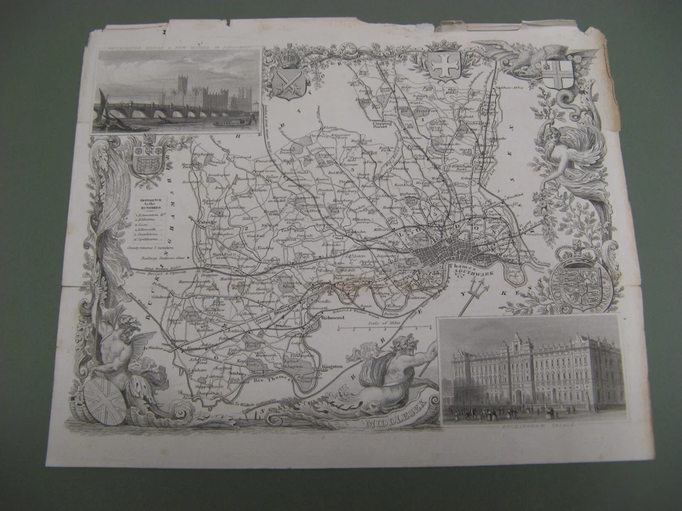 MAPA DE LONDRES 100 % ORIGINAL MIDDLESEX DE THOMAS MOULE C1848 FERROCARRILES EN MUY BUENA CONDICIÓN Foto 1 de 1