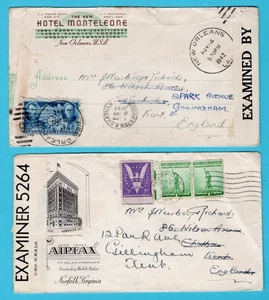 USA 2 censored Hotel covers 1942-43 New Orleans, Norfolk to England - Picture 1 of 2