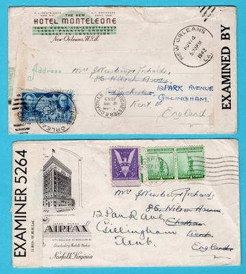 USA 2 censored Hotel covers 1942-43 New Orleans, Norfolk to England - Image 1 of 2