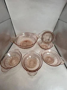 Cuenco para servir de vidrio vintage Anchor Hocking Pink Depression y 5 cuencos de postre LEER - Imagen 1 de 20