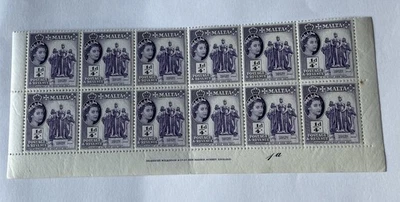 1956 Malta QEII Stamp Block of 12 MNH. Purple 1/4d Monument of Siege  - Image 1 of 4