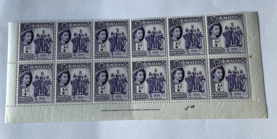 1956 Malta QEII Stamp Block of 12 MNH. Purple 1/4d Monument of Siege  - Image 1 of 4