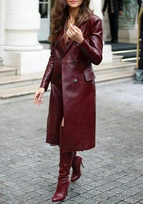 Women's Burgundy Pure Leather Trench Coat 100% Lambskin Stylish Long Coat - Image 1 of 4