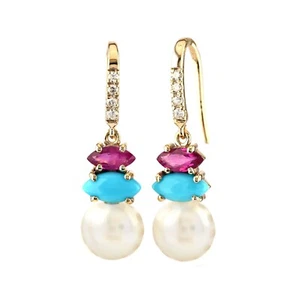 Genuine Pearl Ruby Turquoise and Diamond Dangle Earrings In 14K Solid Gold - Picture 1 of 5