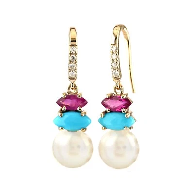 Genuine Pearl Ruby Turquoise and Diamond Dangle Earrings In 14K Solid Gold - Image 1 of 4
