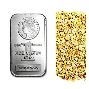 1 TROY OZ .999 FINE SILVER MORGAN BAR BU + 50 PIECE ALASKAN PURE GOLD NUGGETS - Picture 1 of 9